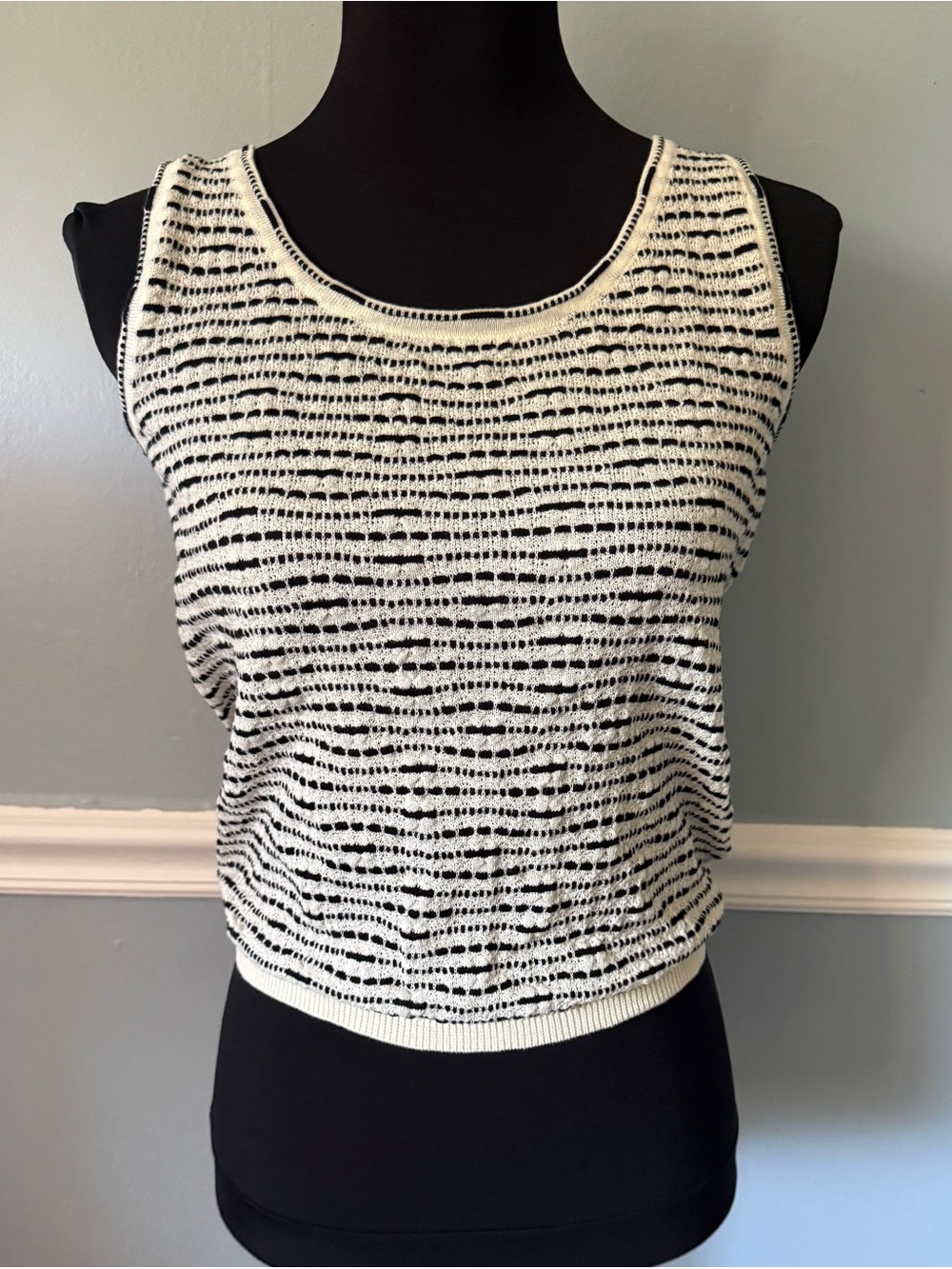 Max Studio Black and White Open-Knit Scoop Neck Tank